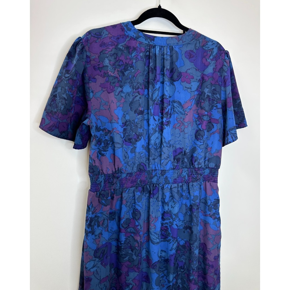 41 Hawthorn Smocked Waist V-Neck Midi Dress Floral Blue Purple SS Fit & Flare XL - Picture 9 of 11